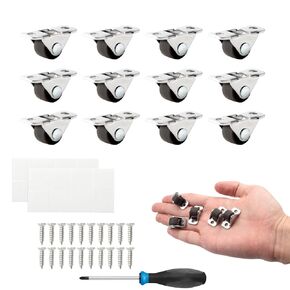 1/2 Inch Mini Caster Wheels Low Profile Small Wheels Self Adhesive Non Swivel Tiny Wheels Rubber Rolling Casters with Steel Top Plate for Small Appliances, Furniture, DIY Project(12Pcs)