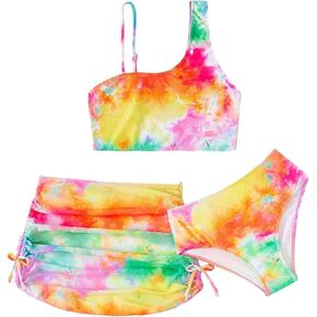 OYOANGLE Girl's 3 Piece Bikini Swimsuit Tie Dye Beach Sports Bathing Suit with Beach Skirt Cover Up