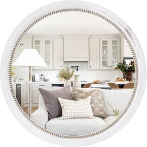 Rustic Farmhouse Mirror,28" White Natural Wooden Circle Wall Mirror,Round Decorative Wall Hanging Mirror with Beads for Bedroom, Living Room or Entryway