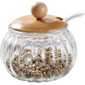Salt Cellar, 8 Oz / 250 ML Glass Container with Bamboo Lid, Cute Pumpkin Condiment Jar, Storage Canister with Scoop, Kitchen Countertop Seasoning Bowl for Sugar, Spice, Pepper
