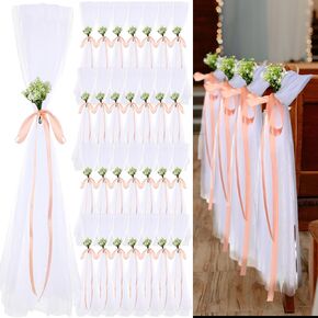 Wedding Aisle Decorations for Ceremony 24 Inch Wedding Pew Bows Tulle with Artificial Babies Breath Flowers for Wedding Church Chair Bench Pew Aisle Decor(24 Pcs)