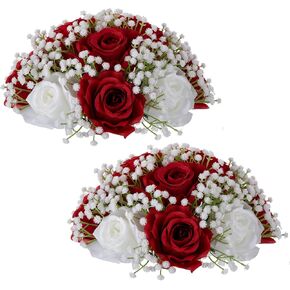 BLOSMON Fake Flowers Ball Wedding Centerpieces 10 Pcs White Rose Babys Breath Artificial Flowers Center Pieces Decoration for Table Silk Kissing Floral Bouquet Arrangements for Home Party DIY Decor