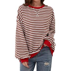 DB MOON Womens Striped Long Sleeve Shirt Trending Oversized Sweashirt Crewneck Tops
