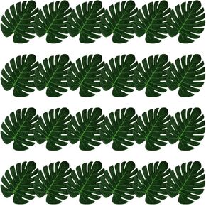 24pcs Artificial Palm Leaves, 7 Inch Tropical Faux Leaves Green Faux Monstera Leaf Decor for Hawaiian Luau Jungle Party Safari Birthday Table Decorations