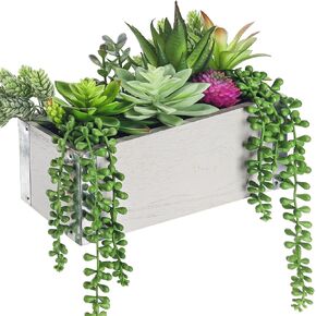 Der Rose 10 Pcs Assorted Fake Succulents Plants Artificial in Rectangular Wooden Pots for Farmhouse Bathroom Living Room Table Decor