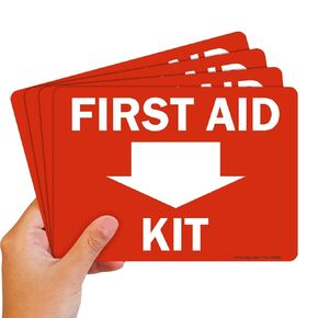 SmartSign (Pack of 4) 5 x7 inch “First Aid Kit" Sticker Labels with Down Arrow, 5 mil Laminated Polyester with SuperStick Adhesive, Red and White