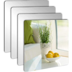 4Pcs Acrylic Mirror Sheet Self Adhesive Wall Mounted Home Décor Non Glass Sticky Mirror Tile Square 8x8 inch Flexible Mirror Sheets for Wall Decor, Home Gym Wall-Mounted