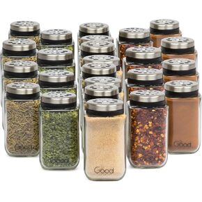 Adjustable Glass Spice Jars (Set of 24) with 6 Pouring Sizes- Stainless Steel Lid/Cap- Square Seasoning Bottle Containers for Minimalist Kitchen Pantry Storage Organization- Fill Shaker w Salt Pepper