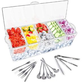 5 Compartment Condiment Server, Ice Chilled Condiment Containers with Lid, Clear Condiment Caddy Serving Tray on Ice with 5 Serving Spoons 5 Fruit Forks 2 Serving Tongs