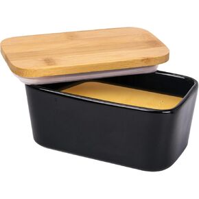 Butter Dish with Lid,Extra Large 650ml,Porcelain Keeper with Bamboo Lid Cover for 2 Sticks of Butter,Microwave Safe Easy Clean Butter Storage Container for Countertop Refrigerator (Black)