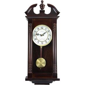 Bedford Clock Collection Classic Chiming Wall Clock with Swinging Pendulum in Cherry Oak Finish, 4.75" L x 11.75" W x 27.50" H