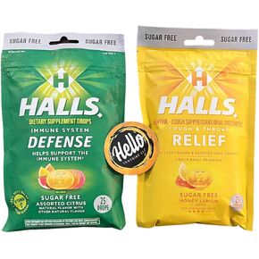 Sugar Free Halls Cough Drops 2 Pack Assorted Combo - Sugar Free Halls Honey Lemon (25 Drops) & Halls Sugar Free Defense Vitamin C (25 Drops) Includes a Hello Sunshine Fridge Magnet!