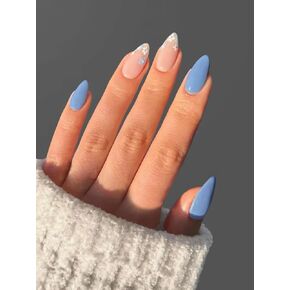 Pastel Blue Floral Press on Nails for Women Gel Fake Nails Press on Nude Glue on Nails Long Almond Nails Kit Summer Flower Print Press on Nails Natural False Nails Almond Nails for Girls 24 Pieces