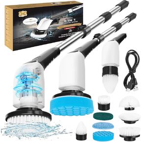 Electric Spin Scrubber,Bathroom Cleaning Brush,Shower Scrubber with Long Handle 8 Replaceable Brush Heads Voice Broadcast 3 Rotating Speeds,Tub Scrubber,Cordless Power Cleaning Brushes Floor Tile