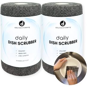 Daily Dish Scrubber (50 Sheets) Disposable Scrub Sponges Pads for Dishes, Pans, and Surfaces. Odor-Free, Heavy Duty, Non-Scratch. Great for Office Kitchen, Camping, Baby Tableware, Household Cleaning.
