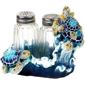 The Bridge Collection 4" Ocean Sea Turtles Salt and Pepper Shaker Holder Set - 3 Piece Set - Turtle Kitchen Items - Fun Salt and Pepper Shakers for Coastal, Nautical, or Beach House Decor