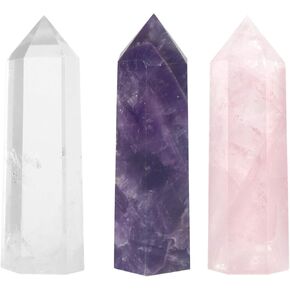 Healing Crystal Wands | 2" Amethyst Crystal, Clear Quartz Crystal Wand & Rose Quartz Crystal Points| 6 Faceted Reiki Chakra Meditation Therapy (3 pcs)