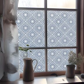 Mandala Pattern Frosted Textured Privacy Glass Window Film, Removable Static Cling Glass Decals for Window Door Decor, Blue Double-Sided Mandala 4