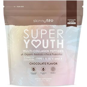 SkinnyFit Super Youth Tropical Punch متعدد الكولاجين الببتيدات + البروبيوتيك، ألياف الباوباب، خل التفاح، حمض الهيالورونيك، وفيتامين C، الجلد، الشعر، المفاصل والتمثيل الغذائي، 30 وجبة