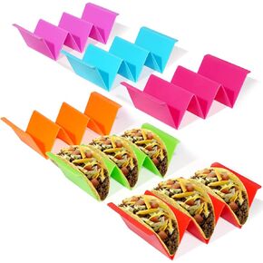 Ginkgo Colorful Taco Holders set of 6 Large Taco Tray Stands for Party, Each Can Hold 2 or 3 Tacos, Premium Taco Bar Accessories, BPA Free, Tray Plates Dishwasher and Microwave Safe
