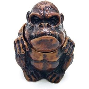 Tiny 3½" High Brown Sitting Grumpy Gorilla Ashtray With Lid - Miniature Hand Made Painted Resin Ape Animals Decorative Figurines Ashtrays Cigarette Holder Home Décor Accents Souvenirs Gifts