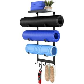 LSK Yoga Mat Holder Wall Mount, Black Yoga Mats Storage Rack, Home Gym Storage with Metal Floating Shelf for Storing Fitness, Yoga Mat Rack with 5 Hooks for Hanging Foam Rollers and Resistance Bands