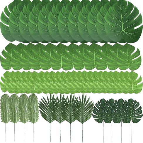 60 Pcs 6 Kinds Artificial Palm Leaves Tropical Plant Safari Leaves Faux Monstera Leaves Stems for Hawaiian Luau Party Decorations, Tiki Aloha Jungle Beach Theme Party Table Leave Decorations in Saudi Arabia