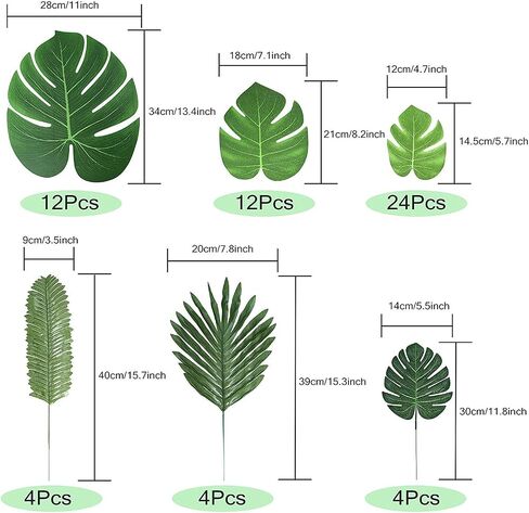 60 Pcs 6 Kinds Artificial Palm Leaves Tropical Plant Safari Leaves Faux Monstera Leaves Stems for Hawaiian Luau Party Decorations, Tiki Aloha Jungle Beach Theme Party Table Leave Decorations in Saudi Arabia