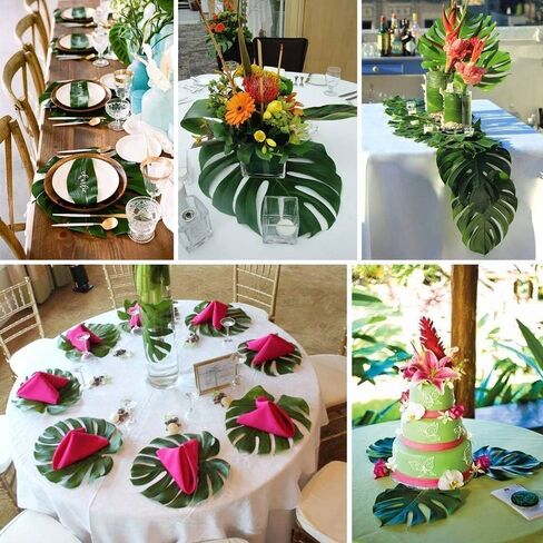 60 Pcs 6 Kinds Artificial Palm Leaves Tropical Plant Safari Leaves Faux Monstera Leaves Stems for Hawaiian Luau Party Decorations, Tiki Aloha Jungle Beach Theme Party Table Leave Decorations in Saudi Arabia