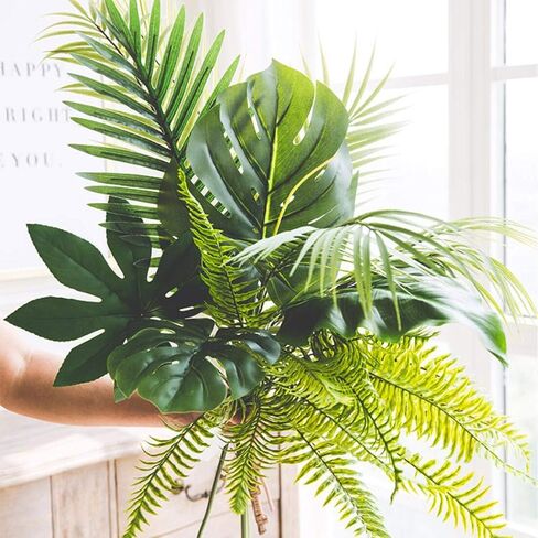 60 Pcs 6 Kinds Artificial Palm Leaves Tropical Plant Safari Leaves Faux Monstera Leaves Stems for Hawaiian Luau Party Decorations, Tiki Aloha Jungle Beach Theme Party Table Leave Decorations in Saudi Arabia