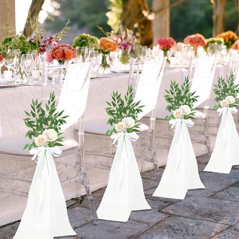 36 Pcs Wedding Aisle Chair Decorations White Chair Sashes Aisle Pew Ribbons Sash Bow with Artificial Italian Ruscus Chiffon for Ceremony Chair Back Floral Reception Church Party Outdoor in Saudi Arabia
