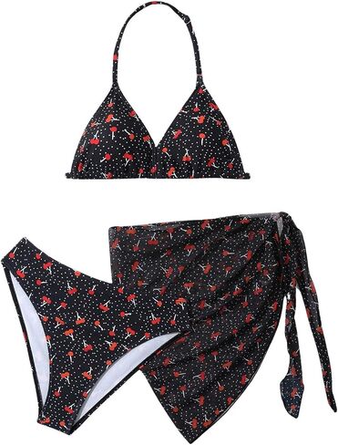 SHENHE Girl's 3 Piece Halter Triangle Backless Cute Bikini Set with Beach Wrap Skirt in Saudi Arabia