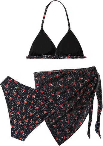 SHENHE Girl's 3 Piece Halter Triangle Backless Cute Bikini Set with Beach Wrap Skirt in Saudi Arabia