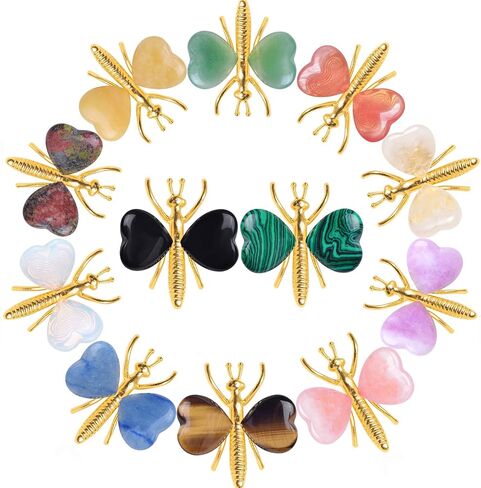 12PCS Natural Heart Shaped Healing Crystals Stones Butterfly Decor, Home Desk Fairy Garden Decorations Reiki Energy Balancing Meditation Gift for Women (12PCS, Gold) in Saudi Arabia