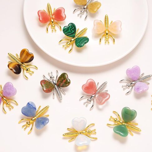 12PCS Natural Heart Shaped Healing Crystals Stones Butterfly Decor, Home Desk Fairy Garden Decorations Reiki Energy Balancing Meditation Gift for Women (12PCS, Gold) in Saudi Arabia