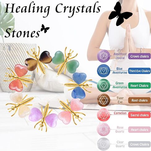 12PCS Natural Heart Shaped Healing Crystals Stones Butterfly Decor, Home Desk Fairy Garden Decorations Reiki Energy Balancing Meditation Gift for Women (12PCS, Gold) in Saudi Arabia