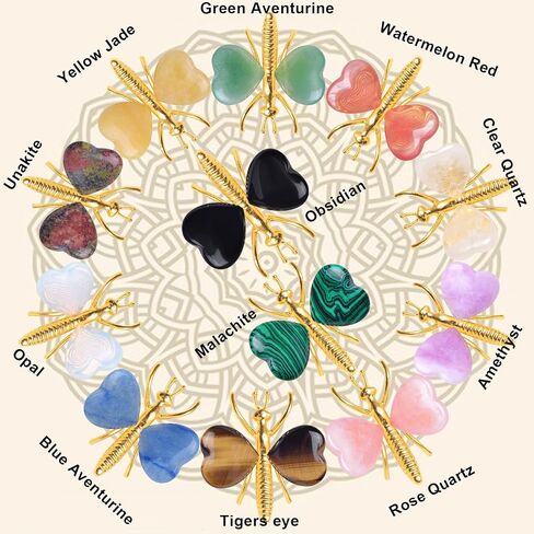 12PCS Natural Heart Shaped Healing Crystals Stones Butterfly Decor, Home Desk Fairy Garden Decorations Reiki Energy Balancing Meditation Gift for Women (12PCS, Gold) in Saudi Arabia