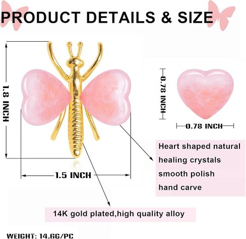 12PCS Natural Heart Shaped Healing Crystals Stones Butterfly Decor, Home Desk Fairy Garden Decorations Reiki Energy Balancing Meditation Gift for Women (12PCS, Gold) in Saudi Arabia
