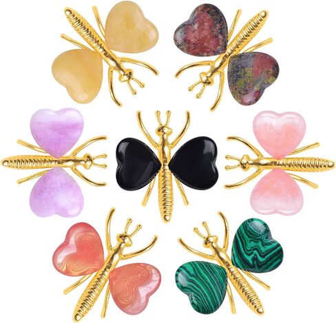 12PCS Natural Heart Shaped Healing Crystals Stones Butterfly Decor, Home Desk Fairy Garden Decorations Reiki Energy Balancing Meditation Gift for Women (12PCS, Gold) in Saudi Arabia