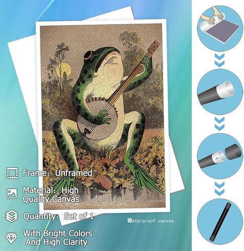 NVYGSDU Vintage Frog Wall art, Retro Frog Playing Banjo Canvas Print Poster, Frog Funny Gift for Musician, Room Dorm 12x16inch Unframed in Saudi Arabia
