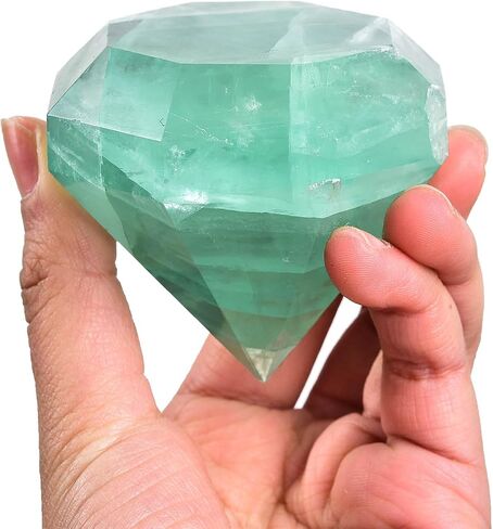 AMOYSTONE Green Fluorite Diamond Shaped Caved Gemstone Healing Crystal Quartz Figurines with Display Stand Home Office Desk Decorative Gifts for Women Men 0.6-0.8 LBS in Saudi Arabia