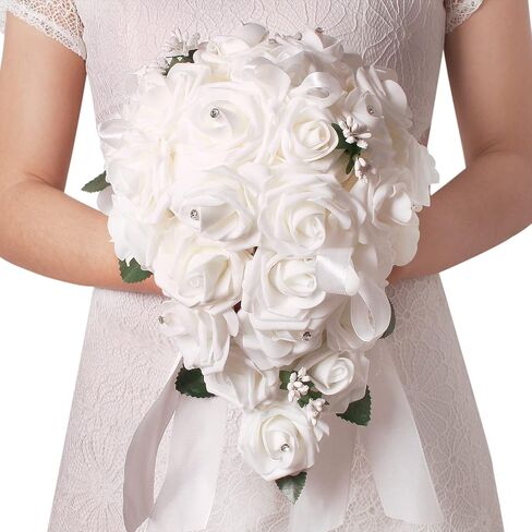 Vlovelife Wedding Bouquet for Bride,9 x 9 x 12 Inches Holder Flowers Bouquet for Bride, White Bridal Bouquet, Artificial Flowers for Wedding Decorations Favors Supplies in Saudi Arabia