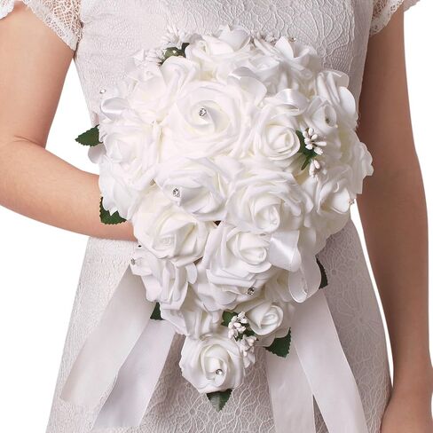 Vlovelife Wedding Bouquet for Bride,9 x 9 x 12 Inches Holder Flowers Bouquet for Bride, White Bridal Bouquet, Artificial Flowers for Wedding Decorations Favors Supplies in Saudi Arabia