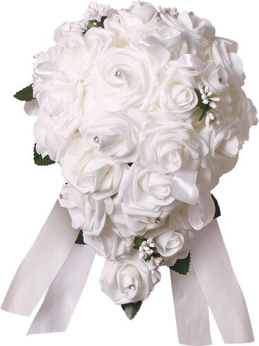 Vlovelife Wedding Bouquet for Bride,9 x 9 x 12 Inches Holder Flowers Bouquet for Bride, White Bridal Bouquet, Artificial Flowers for Wedding Decorations Favors Supplies in Saudi Arabia