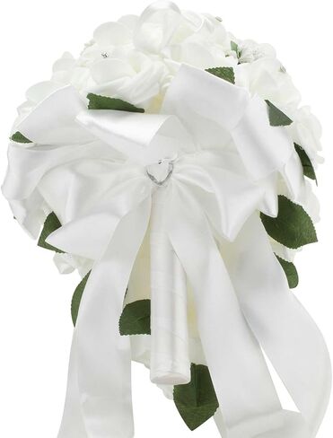 Vlovelife Wedding Bouquet for Bride,9 x 9 x 12 Inches Holder Flowers Bouquet for Bride, White Bridal Bouquet, Artificial Flowers for Wedding Decorations Favors Supplies in Saudi Arabia
