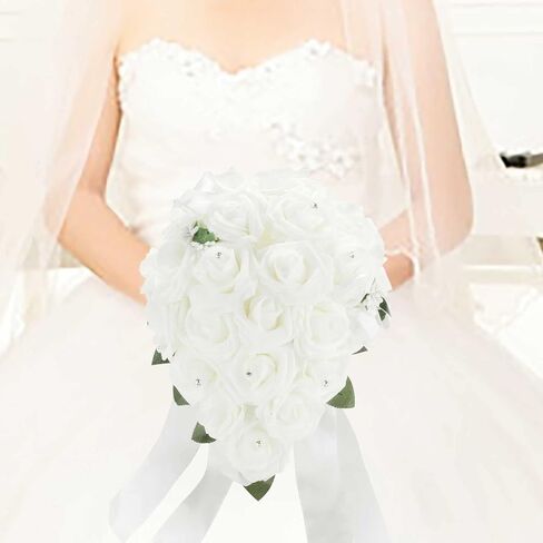 Vlovelife Wedding Bouquet for Bride,9 x 9 x 12 Inches Holder Flowers Bouquet for Bride, White Bridal Bouquet, Artificial Flowers for Wedding Decorations Favors Supplies in Saudi Arabia