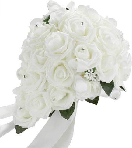 Vlovelife Wedding Bouquet for Bride,9 x 9 x 12 Inches Holder Flowers Bouquet for Bride, White Bridal Bouquet, Artificial Flowers for Wedding Decorations Favors Supplies in Saudi Arabia