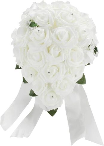 Vlovelife Wedding Bouquet for Bride,9 x 9 x 12 Inches Holder Flowers Bouquet for Bride, White Bridal Bouquet, Artificial Flowers for Wedding Decorations Favors Supplies in Saudi Arabia