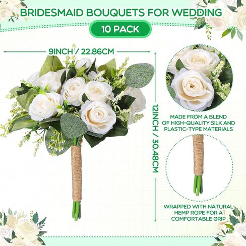 10 Pack Bridesmaid Bouquets for Wedding 7 Inch Natural Artificial Flowers Bridesmaid Bouquets Wedding Bouquets Flowers for Ceremony Anniversary Marriage Centerpieces Decorations (White) in Saudi Arabia