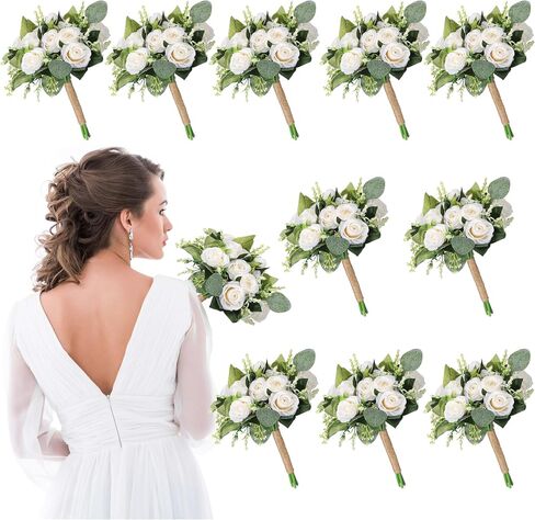 10 Pack Bridesmaid Bouquets for Wedding 7 Inch Natural Artificial Flowers Bridesmaid Bouquets Wedding Bouquets Flowers for Ceremony Anniversary Marriage Centerpieces Decorations (White) in Saudi Arabia